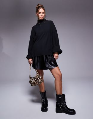 knit sweater 2 in 1 with PU layered mini dress in black