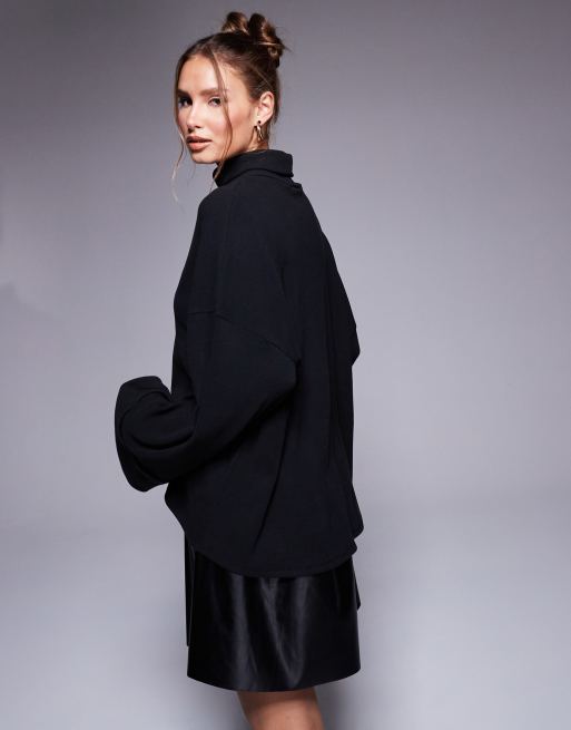 ASOS DESIGN knit sweater 2 in 1 with PU layered mini dress in black, 3 of 4