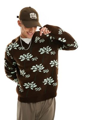 Asos Design Knit Sweater In Brown With Floral Pattern