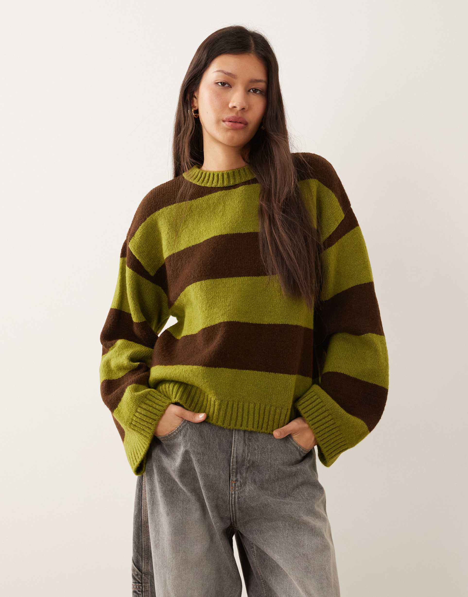 asos design knit sweater in olive and chocolate wide stripes