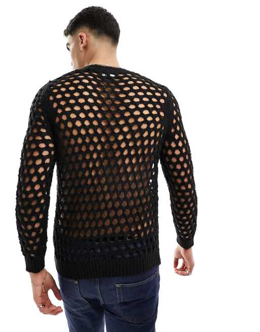 ASOS DESIGN knit sweater in open knit texture in black, 3 of 4