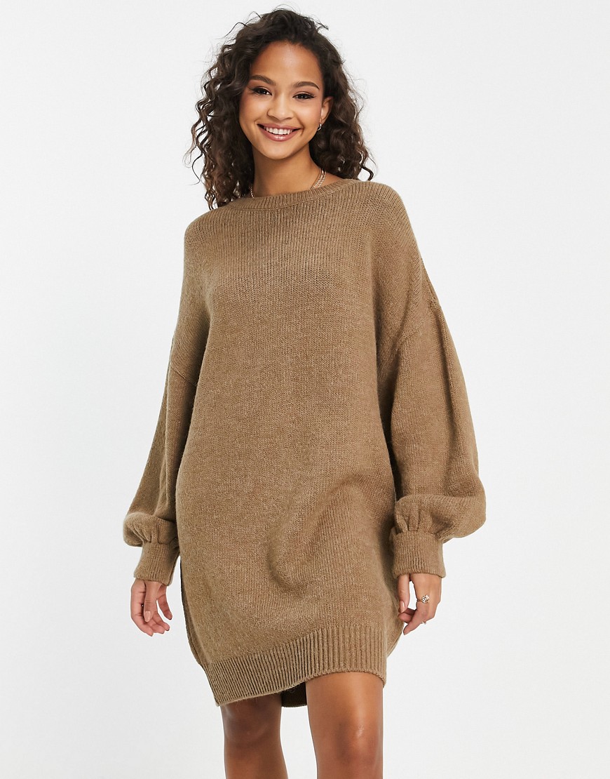 Asos Design Knit Sweater Mini Dress In Camel-neutral