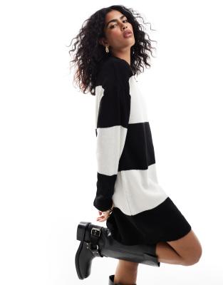 Striped O-ring Zip Collared Loose Sweater Mini Dress