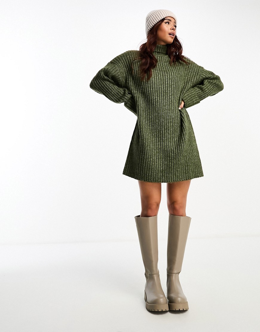 knit sweater mini dress with high neck in khaki-Green