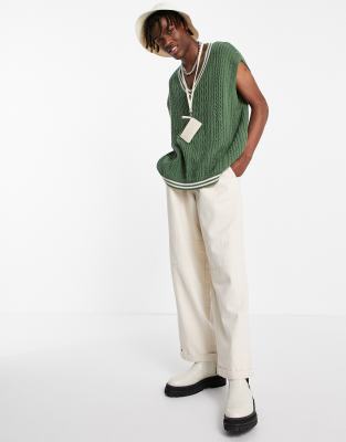 Asos Design Knit Sweater Vest In Bottle Green With Tipping In Green