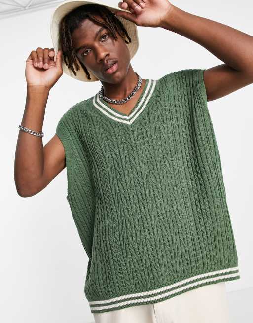 ASOS DESIGN knit sweater vest in bottle green with tipping | ASOS