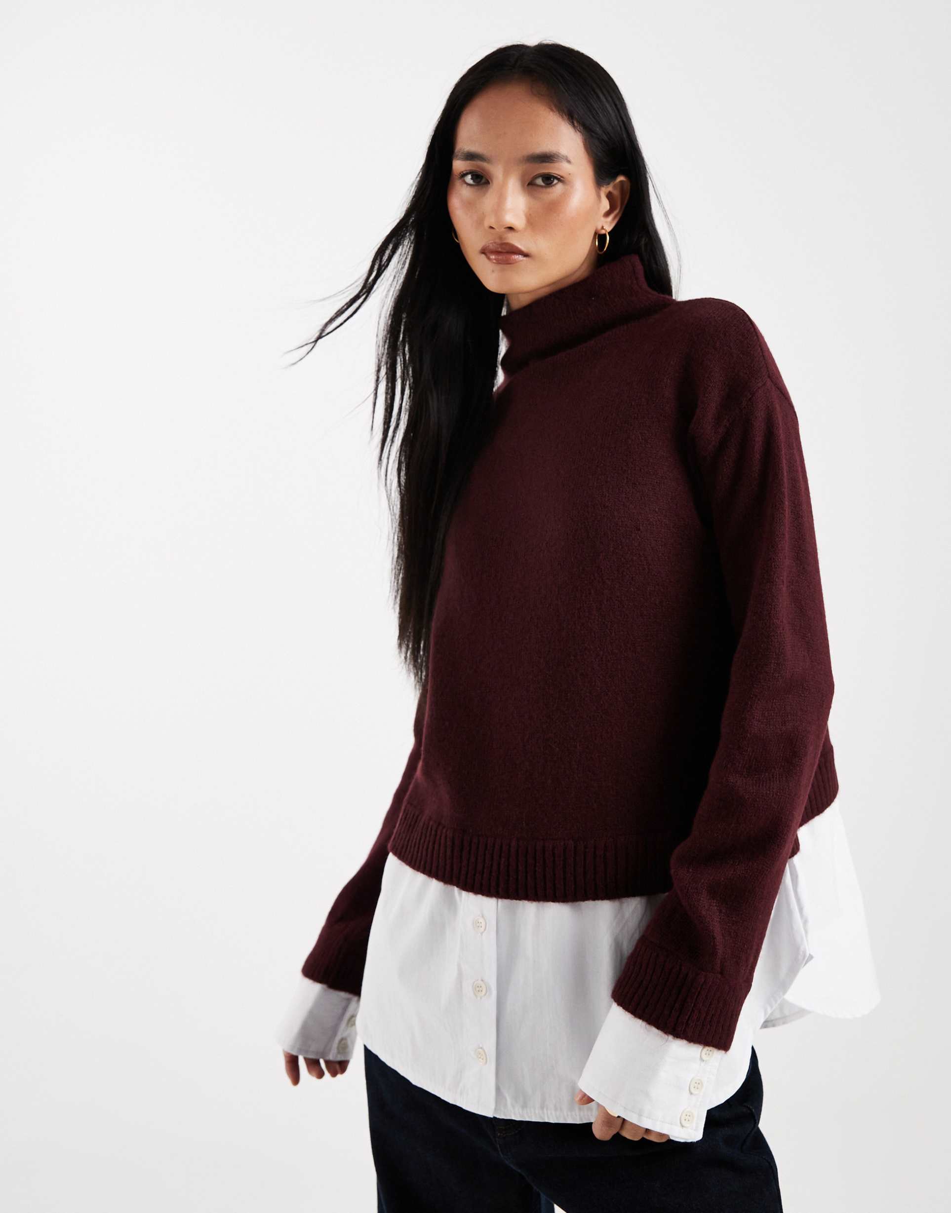 asos design knit sweater with 2 in 1 shirting in plum