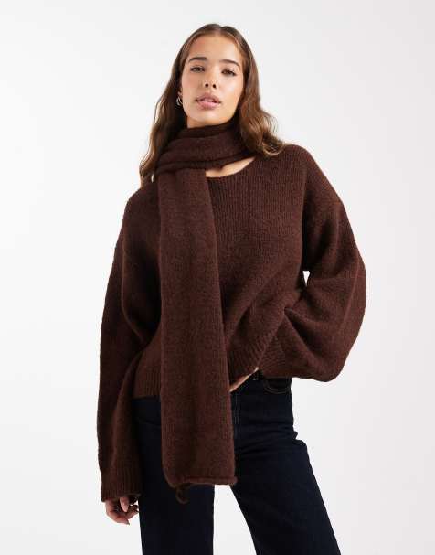 ASOS DESIGN knit sweater with attached scarf with wool in brown - view 1