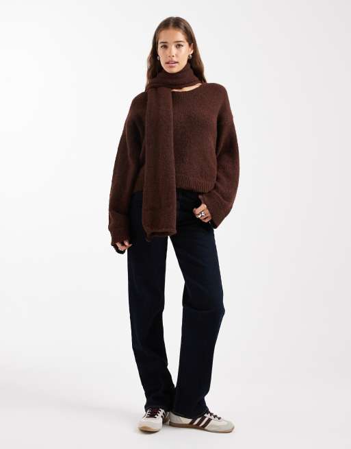ASOS DESIGN knit sweater with attached scarf with wool in brown, 2 of 4