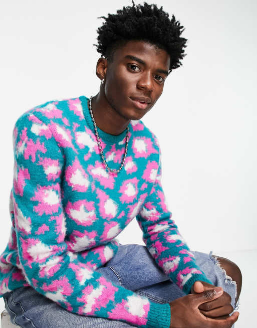 ASOS DESIGN knit sweater with bright animal pattern in green