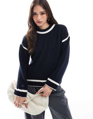 knit sweater with contrast cream seams in navy-Multi