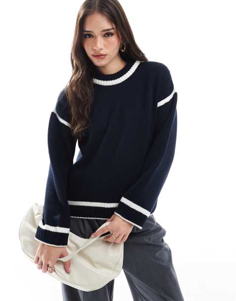 ASOS DESIGN knit sweater with contrast cream seams in navy - view 1