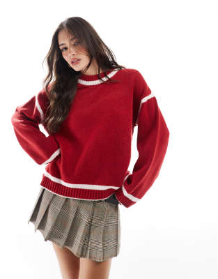 knit sweater with contrast red seams in pink-Multi