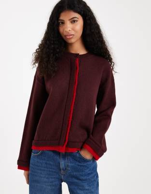 Asos Design Knit Sweater With Contrast Tipping In Burgundy