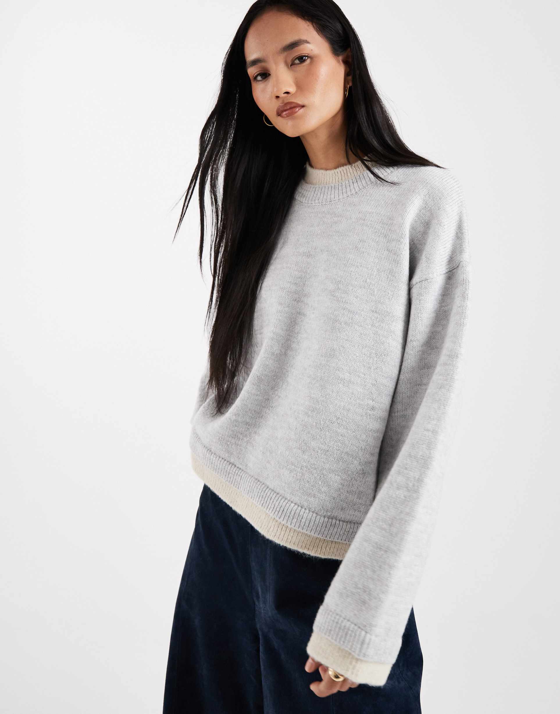 asos design knit sweater with double layer effect in gray