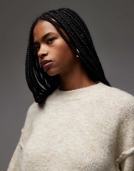 ASOS DESIGN knit sweater with exposed seams with wool in cream