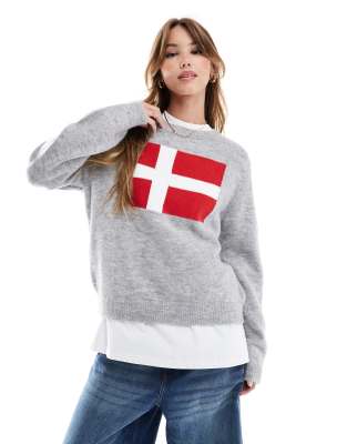 Asos Design Knit Sweater With Flag Graphic In Gray