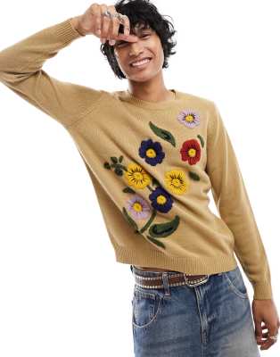 Floral Embroidery Detail Crew Neck Sweater