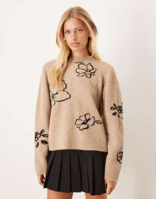 Asos Design Knit Sweater With Floral Intarsia In Multi