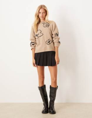 Asos Design Knit Sweater With Floral Intarsia In Brown