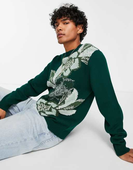 ASOS DESIGN knit sweater with floral pattern in green | ASOS