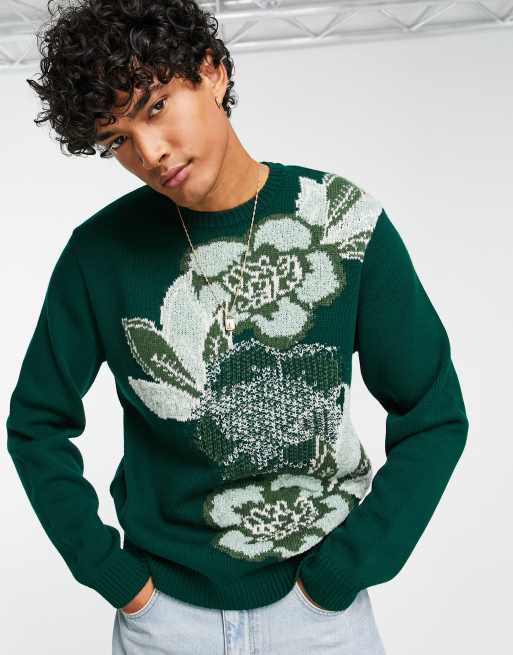 ASOS DESIGN knit sweater with floral pattern in green