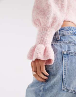 Asos Design Knit Sweater With Frill Cuffs In Pink