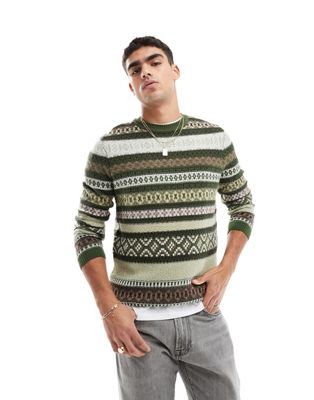 Asos Design Knit Sweater With Green Fairisle Print