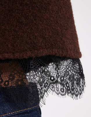 Asos Design Knit Sweater With Lace Trim And Wool In Brown