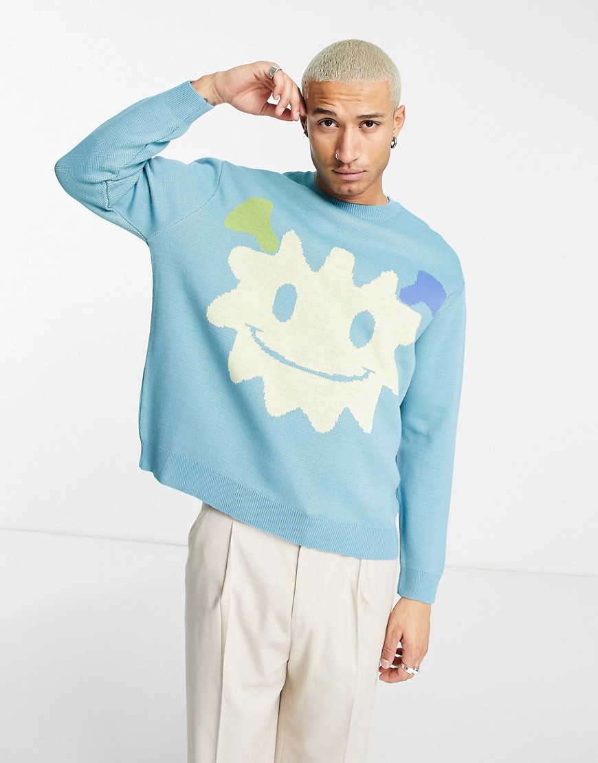 ASOS DESIGN knit sweater with monster placement in light blue