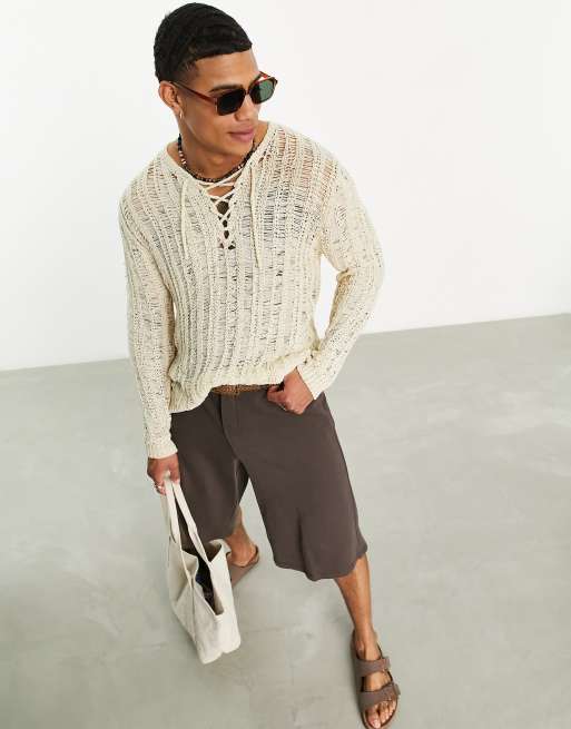 ASOS DESIGN knit sweater with open stitch and lace up detail in