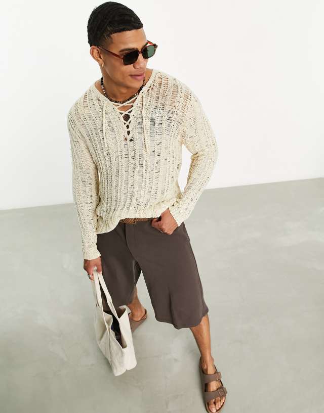 ASOS DESIGN knit sweater with open stitch and lace up detail in sand