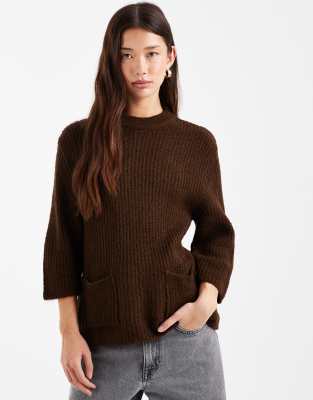 Asos Design Knit Sweater With Patch Pockets In Brown
