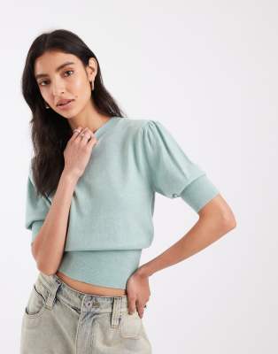 Asos Design Knit Sweater With Ruched Sleeves In Green