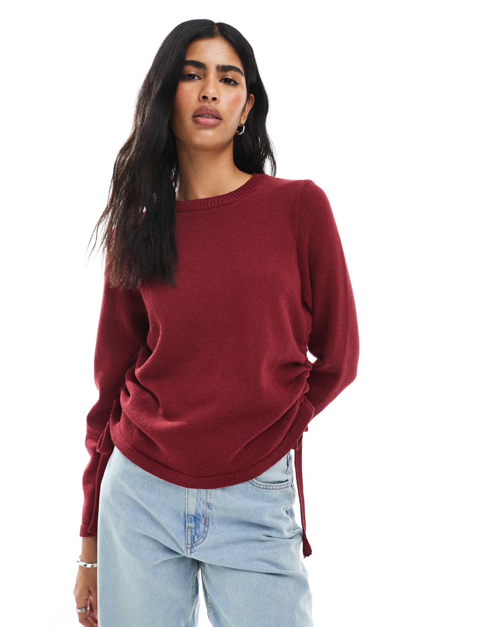 asos design knit sweater with ruching in burgundy