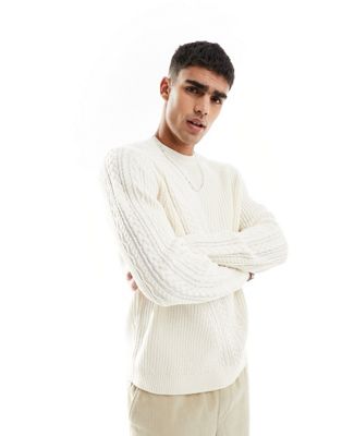 Asos Design Knit Sweater With Spliced Cable Detailing In Cream-white