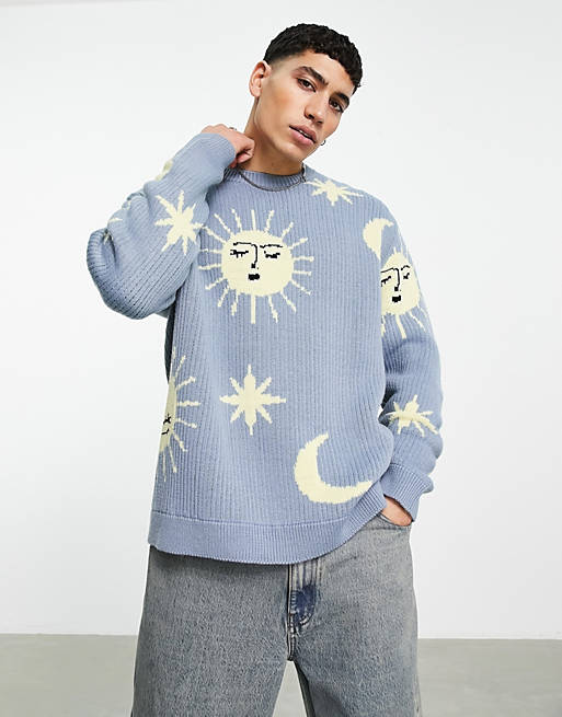 Triumferende Antagelser, antagelser. Gætte skrå ASOS DESIGN knit sweater with sunshine and cloud design in blue | ASOS