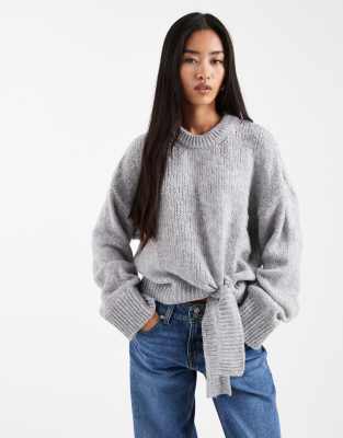 Asos Design Knit Sweater With Tie Hem Detail In Gray