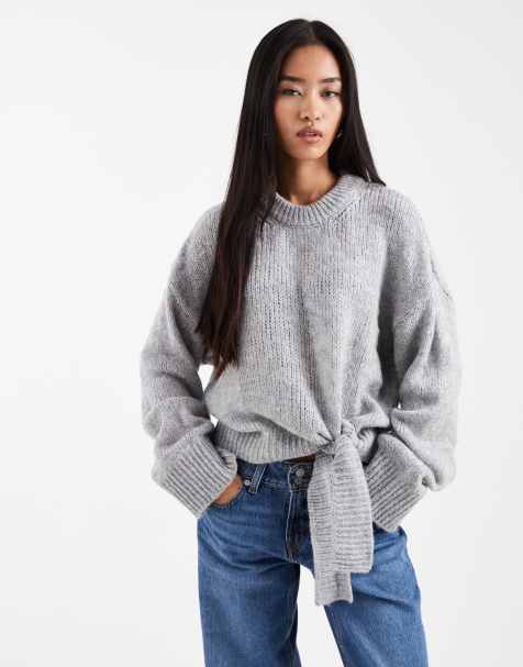 ASOS DESIGN knit sweater with tie hem detail in gray - view 1