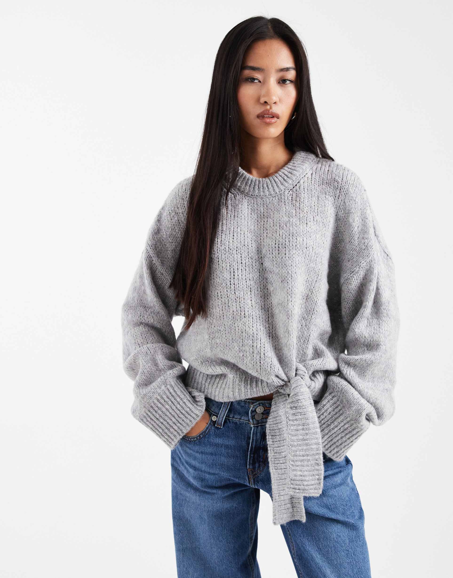 asos design knit sweater with tie hem detail in gray