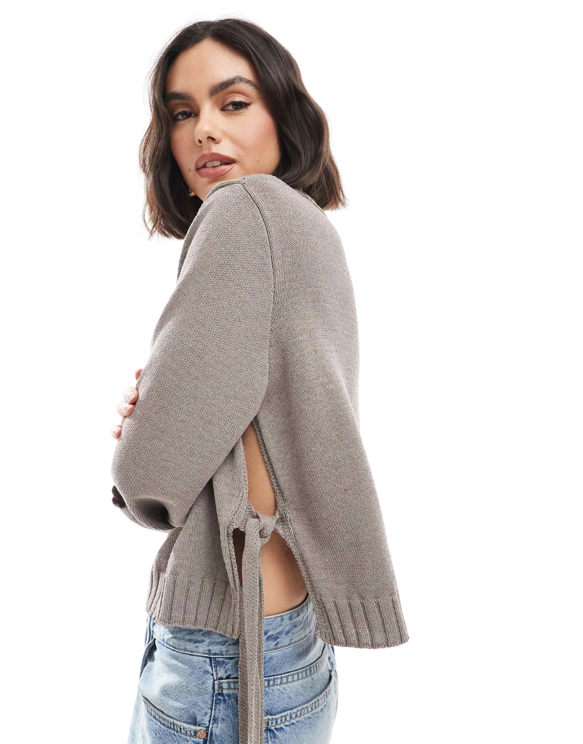 asos design knit sweater with tie sides in brown