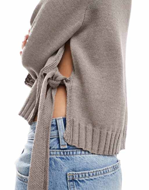 ASOS DESIGN knit sweater with tie sides in brown