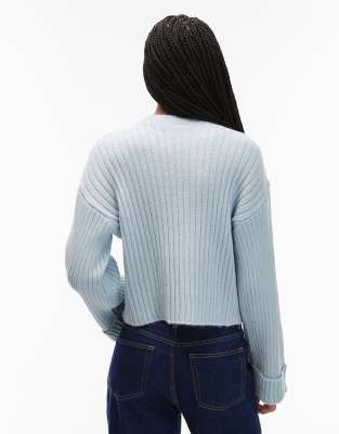 Asos Design Knit Sweater With Turn Up Cuff In Blue