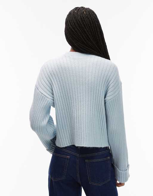 ASOS DESIGN knit sweater with turn up cuff in blue