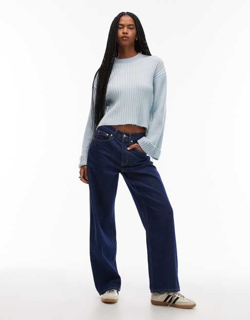 ASOS DESIGN knit sweater with turn up cuff in blue