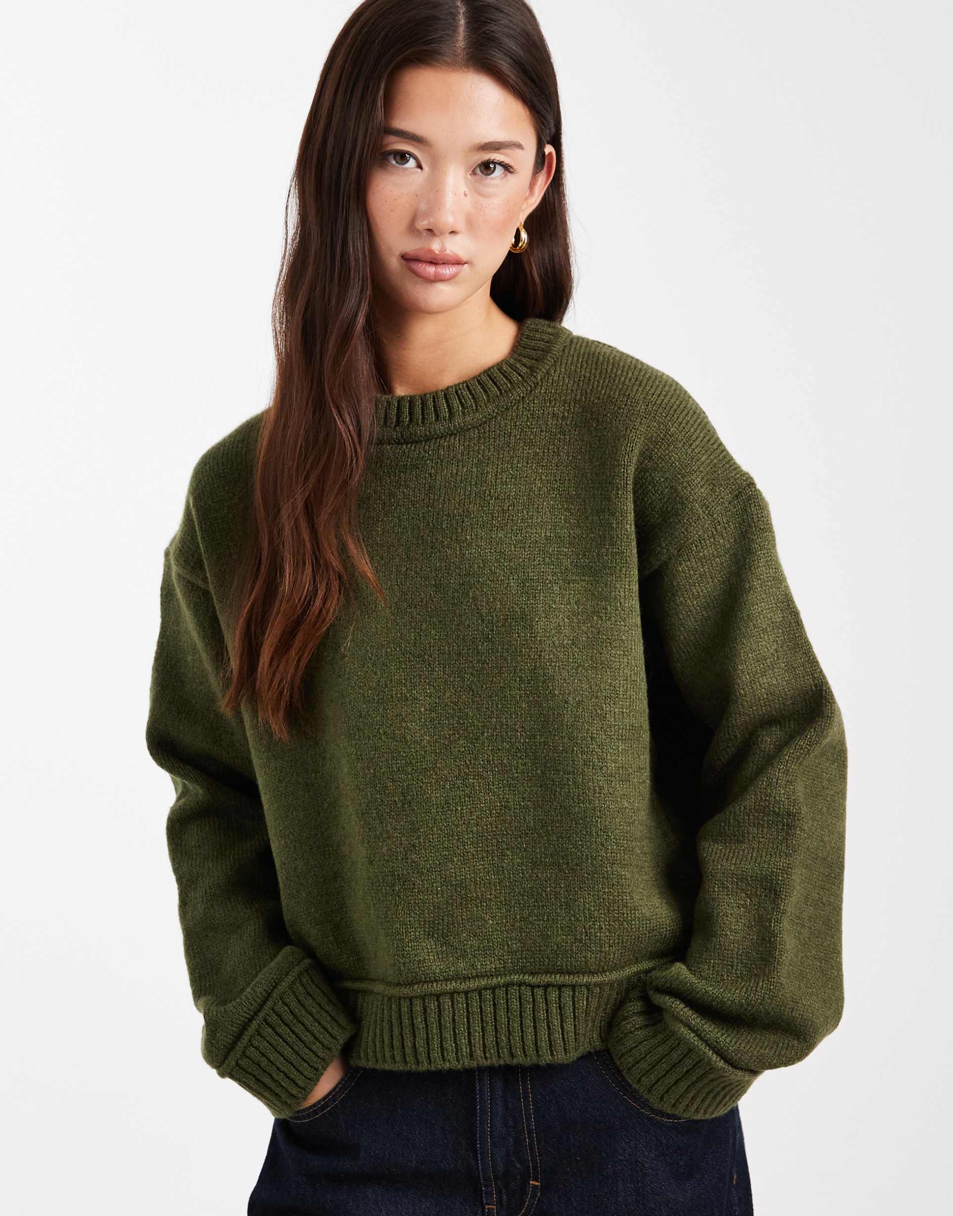asos design knit sweater with wide rib-knit detailing in khaki green
