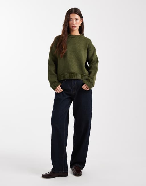 ASOS DESIGN knit sweater with wide rib-knit detailing in khaki green, 2 of 4