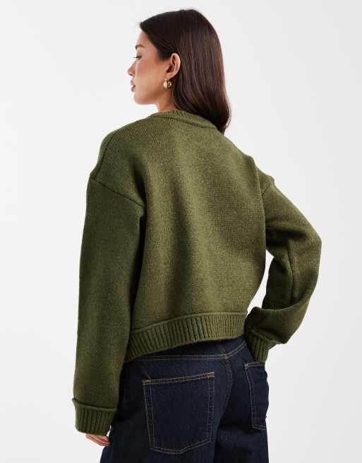 ASOS DESIGN knit sweater with wide rib-knit detailing in khaki green, 4 of 4