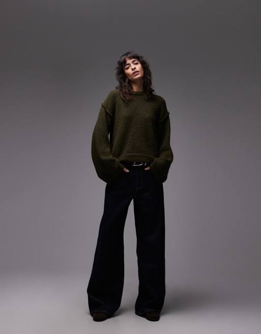 ASOS DESIGN knit sweater with wool and exposed seams in khaki