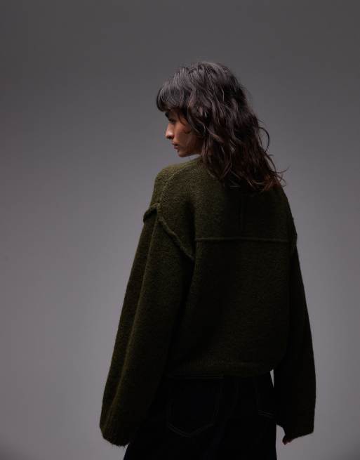 ASOS DESIGN knit sweater with wool and exposed seams in khaki